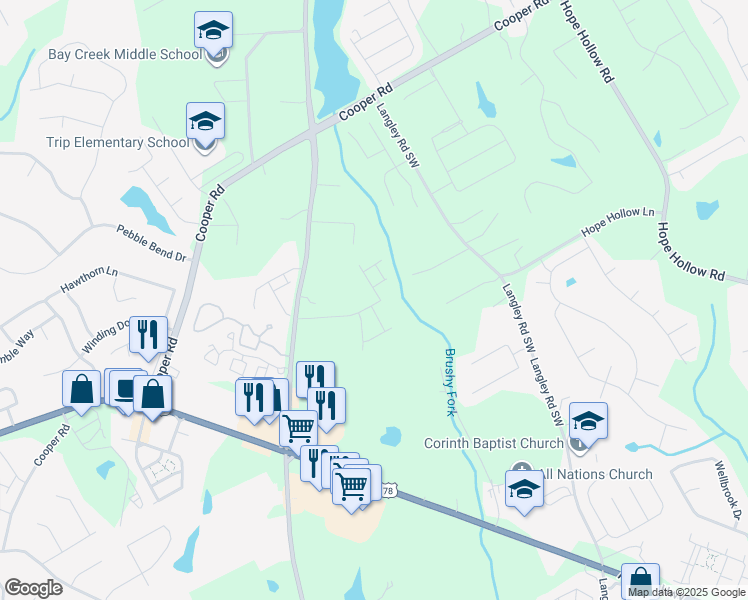 map of restaurants, bars, coffee shops, grocery stores, and more near 2864 Rosebud Road in Loganville