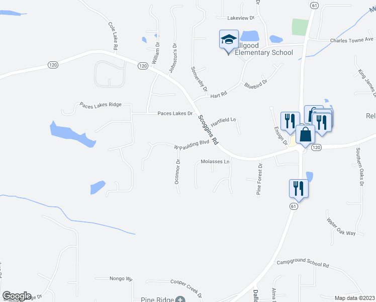 map of restaurants, bars, coffee shops, grocery stores, and more near 121 Paulding Boulevard in Dallas