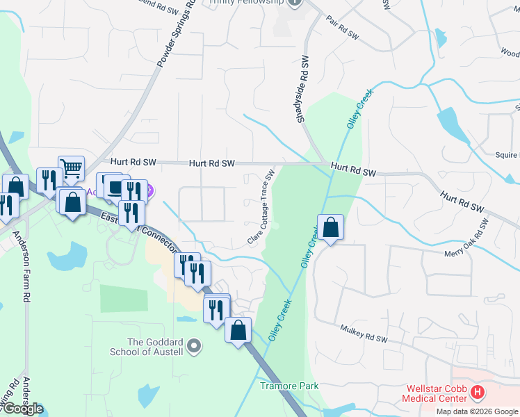 map of restaurants, bars, coffee shops, grocery stores, and more near 3480 Clare Cottage Trace Southwest in Marietta