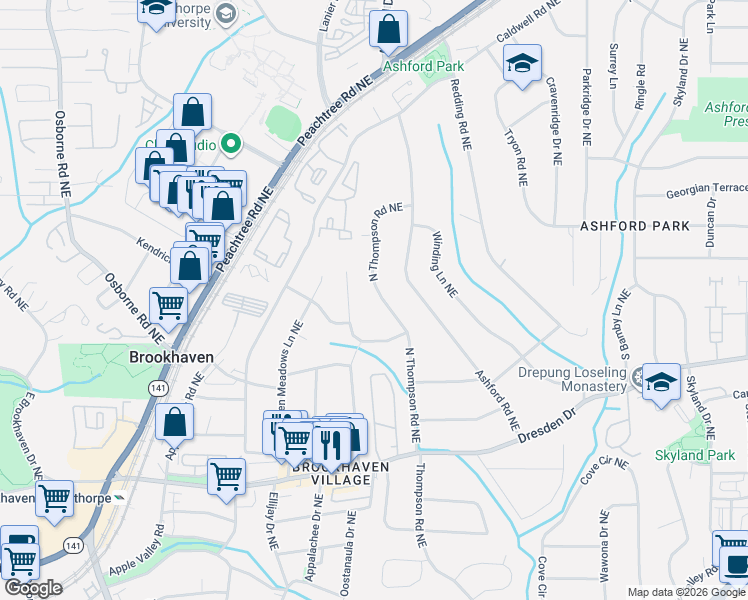 map of restaurants, bars, coffee shops, grocery stores, and more near 2748 North Thompson Road Northeast in Atlanta