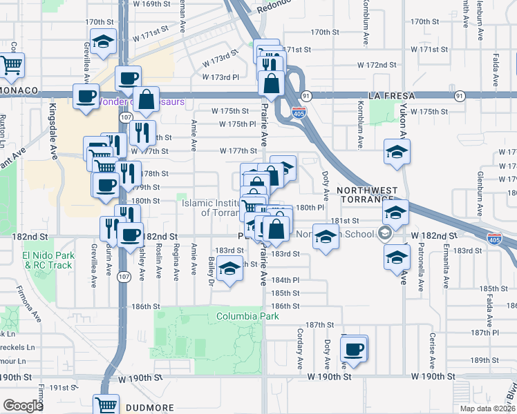 map of restaurants, bars, coffee shops, grocery stores, and more near 18055 Prairie Avenue in Torrance