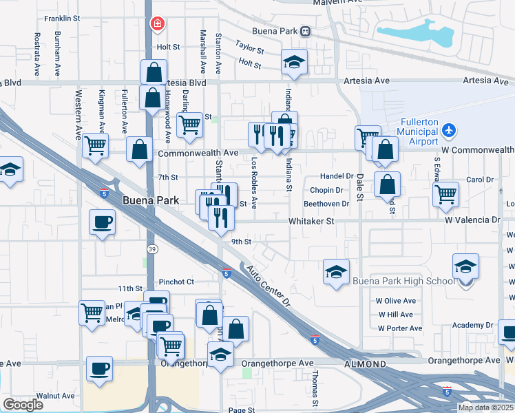 map of restaurants, bars, coffee shops, grocery stores, and more near 6432 Los Robles Avenue in Buena Park
