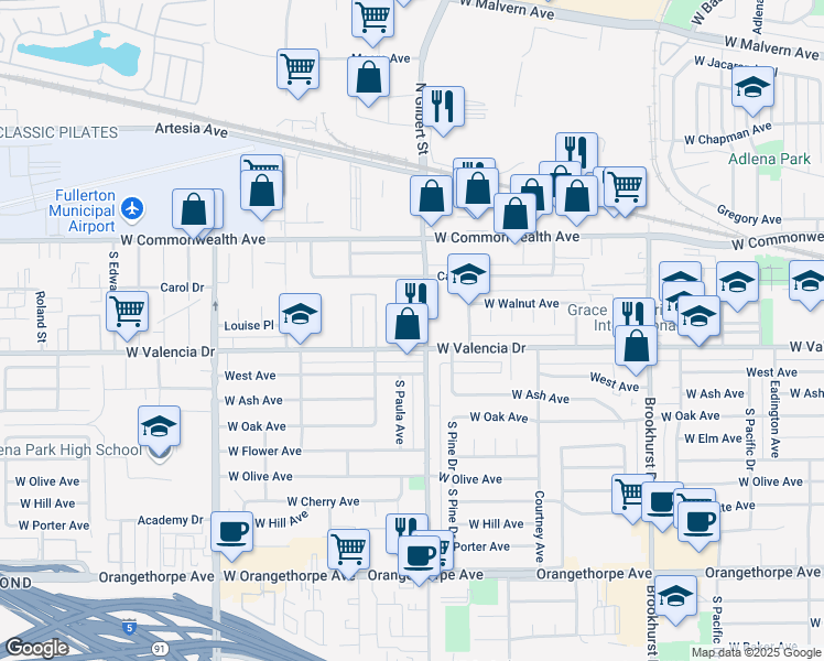 map of restaurants, bars, coffee shops, grocery stores, and more near 2353 West Valencia Drive in Fullerton