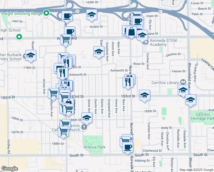 map of restaurants, bars, coffee shops, grocery stores, and more near 18023 Grayland Avenue in Artesia