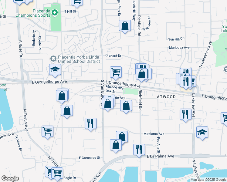 map of restaurants, bars, coffee shops, grocery stores, and more near 1663 Oak Street in Placentia