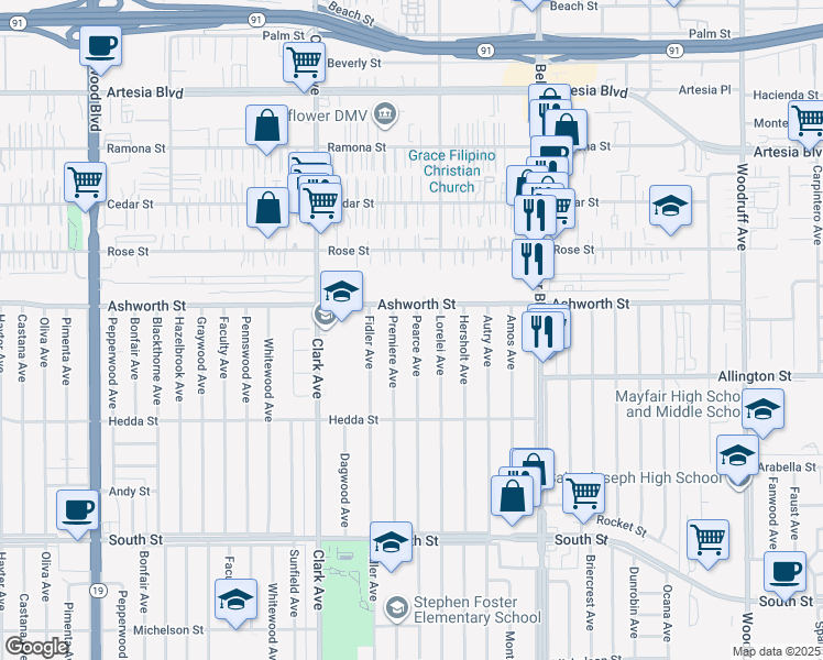 map of restaurants, bars, coffee shops, grocery stores, and more near 6139 Pearce Avenue in Lakewood