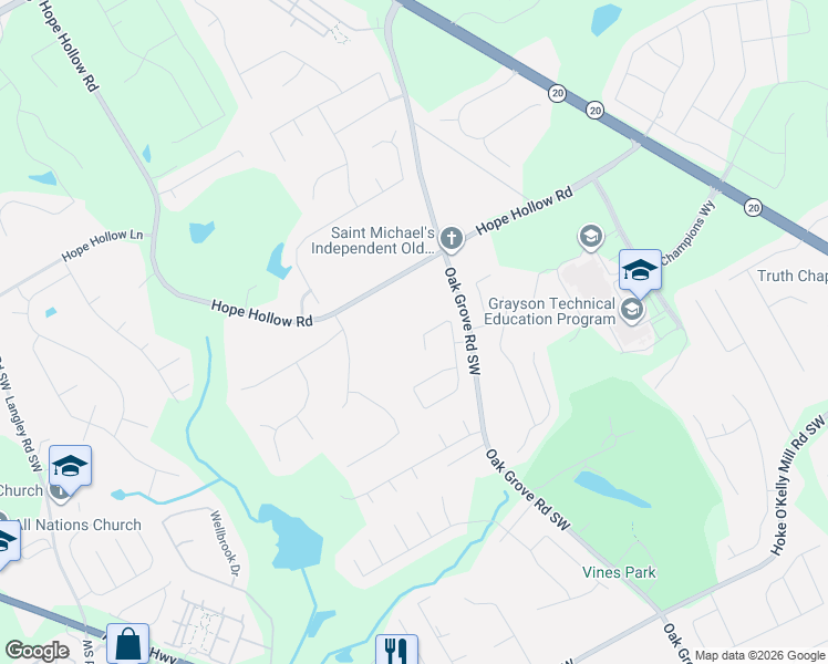 map of restaurants, bars, coffee shops, grocery stores, and more near 3010 Battlement Circle Southwest in Loganville