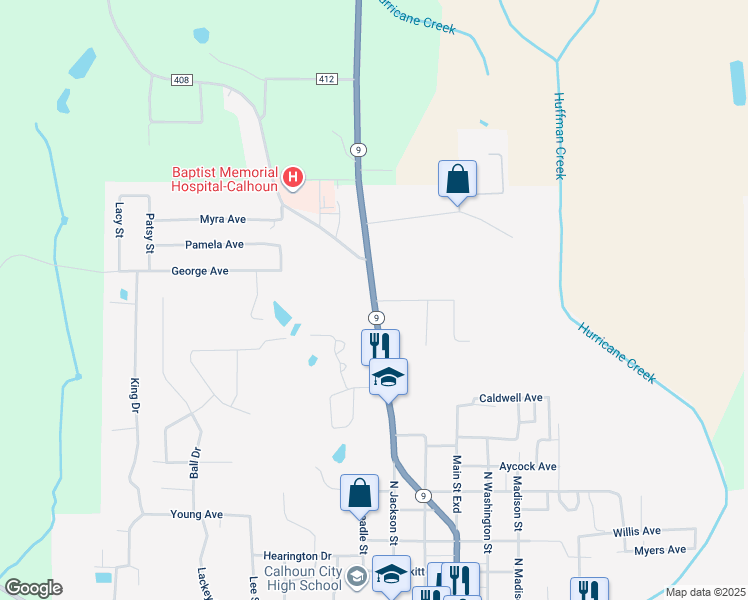 map of restaurants, bars, coffee shops, grocery stores, and more near 935 North Main Street in Calhoun City