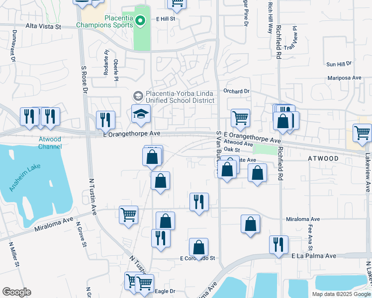 map of restaurants, bars, coffee shops, grocery stores, and more near 1553 Lima Way in Placentia