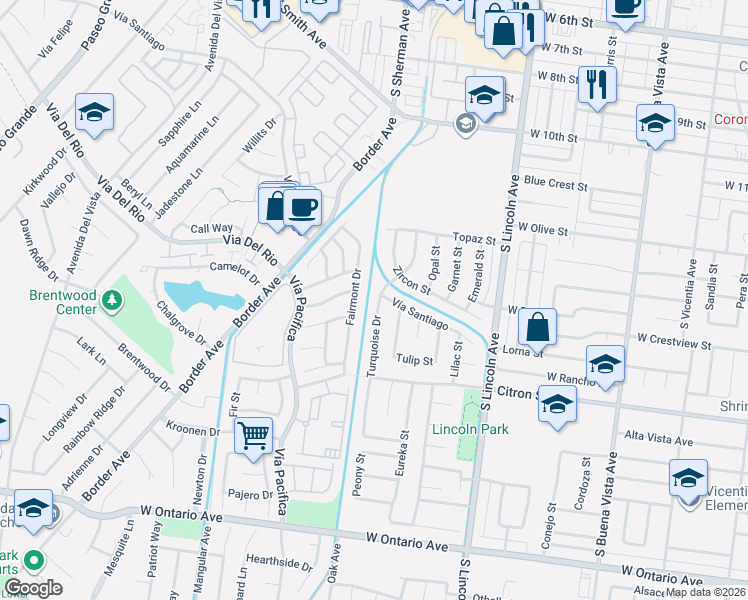 map of restaurants, bars, coffee shops, grocery stores, and more near 1502 Turquoise Drive in Corona