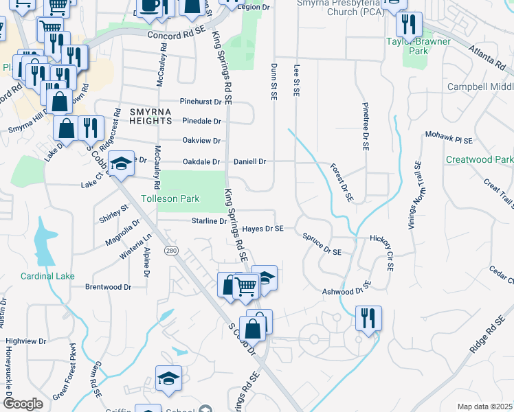 map of restaurants, bars, coffee shops, grocery stores, and more near 1261 Cliffwood Drive in Smyrna