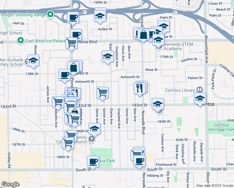 map of restaurants, bars, coffee shops, grocery stores, and more near 18023 Grayland Avenue in Artesia