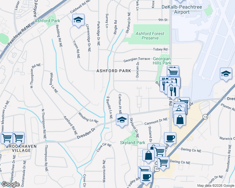 map of restaurants, bars, coffee shops, grocery stores, and more near 2766 Skyland Drive Northeast in Atlanta
