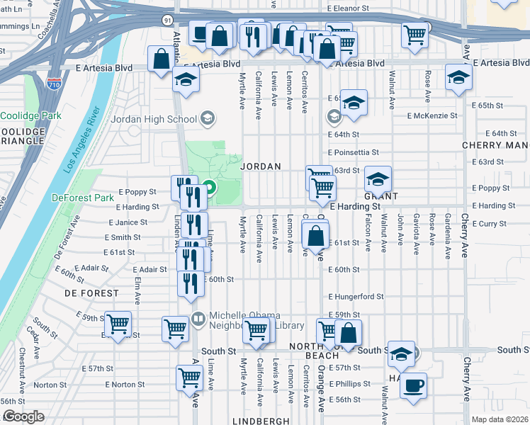 map of restaurants, bars, coffee shops, grocery stores, and more near 1014 East Harding Street in Long Beach