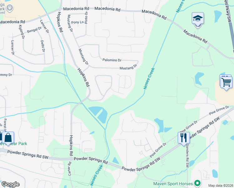 map of restaurants, bars, coffee shops, grocery stores, and more near 3520 Ten Oaks Court in Powder Springs