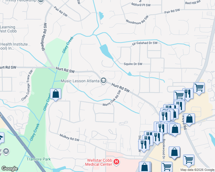 map of restaurants, bars, coffee shops, grocery stores, and more near 3508 Ashley Station Drive Southwest in Marietta