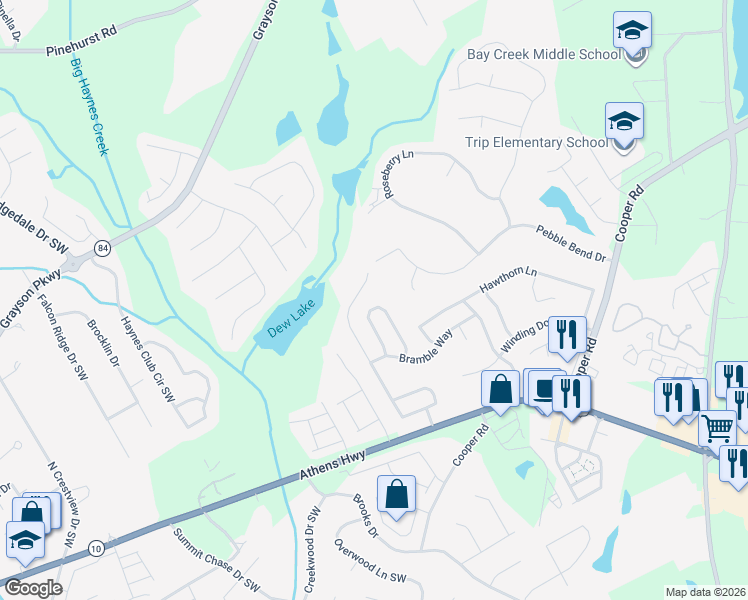 map of restaurants, bars, coffee shops, grocery stores, and more near 2662 Meadow Trace Drive in Grayson