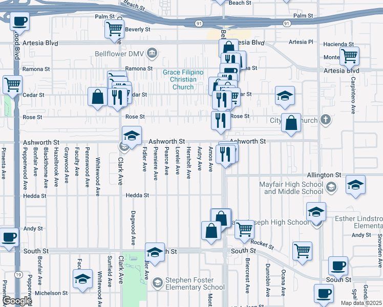 map of restaurants, bars, coffee shops, grocery stores, and more near 6138 Hersholt Avenue in Lakewood