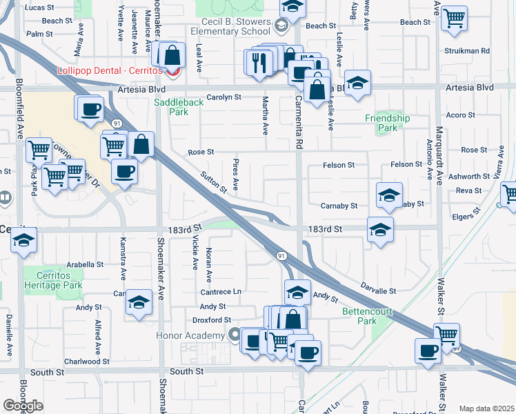 map of restaurants, bars, coffee shops, grocery stores, and more near 13256 Sutton Street in Cerritos