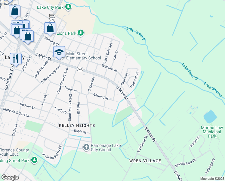 map of restaurants, bars, coffee shops, grocery stores, and more near 106 Brockwood Drive in Lake City