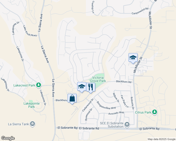 map of restaurants, bars, coffee shops, grocery stores, and more near 12257 Skywood Court in Riverside