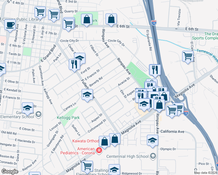map of restaurants, bars, coffee shops, grocery stores, and more near 1262 Cottonwood Circle in Corona