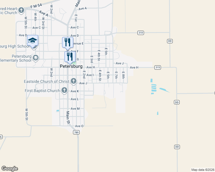 map of restaurants, bars, coffee shops, grocery stores, and more near 1913 Avenue J in Petersburg