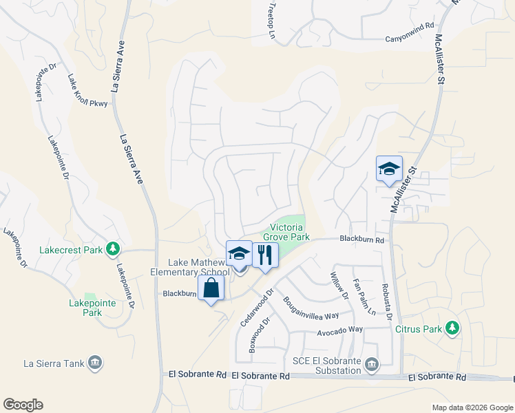 map of restaurants, bars, coffee shops, grocery stores, and more near 12396 Mesa Grove Drive in Riverside