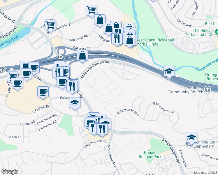 map of restaurants, bars, coffee shops, grocery stores, and more near 205 South Kirkwood Circle in Anaheim