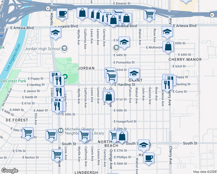 map of restaurants, bars, coffee shops, grocery stores, and more near 6191 Orange Avenue in Long Beach