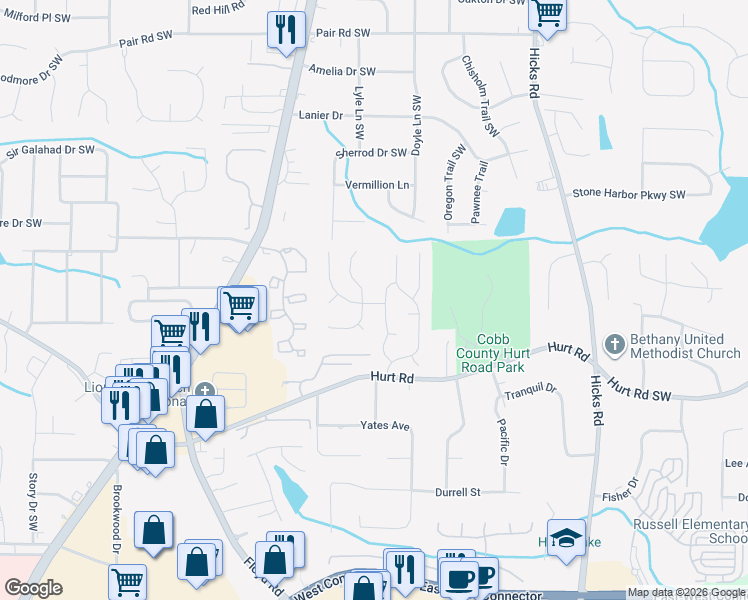 map of restaurants, bars, coffee shops, grocery stores, and more near 1052 Litchfield Way Southwest in Marietta