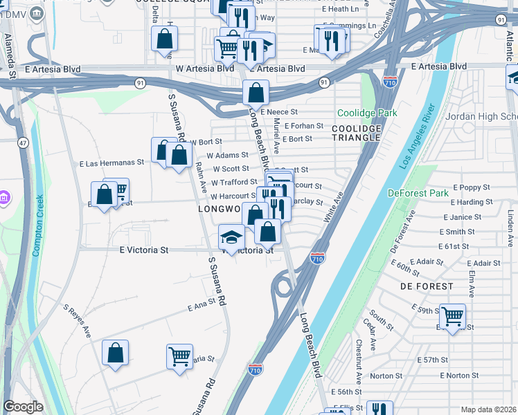 map of restaurants, bars, coffee shops, grocery stores, and more near 41 West Barclay Street in Long Beach