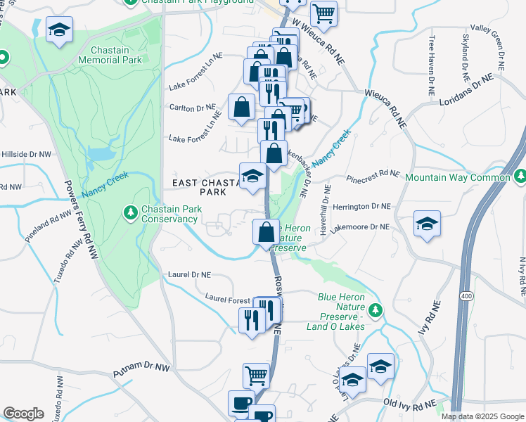 map of restaurants, bars, coffee shops, grocery stores, and more near 1403 Chastain Drive Northeast in Atlanta