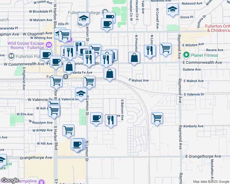 map of restaurants, bars, coffee shops, grocery stores, and more near 436 East Truslow Avenue in Fullerton