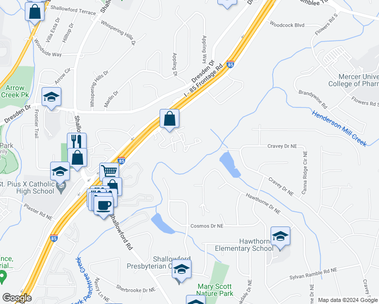 map of restaurants, bars, coffee shops, grocery stores, and more near 3095 Colonial Way in Chamblee