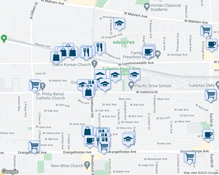 map of restaurants, bars, coffee shops, grocery stores, and more near 225 South Wanda Drive in Fullerton
