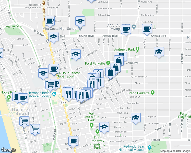 map of restaurants, bars, coffee shops, grocery stores, and more near 1508 Harper Avenue in Redondo Beach