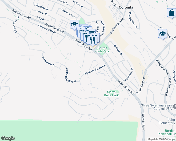 map of restaurants, bars, coffee shops, grocery stores, and more near 1596 Elegante Court in Corona