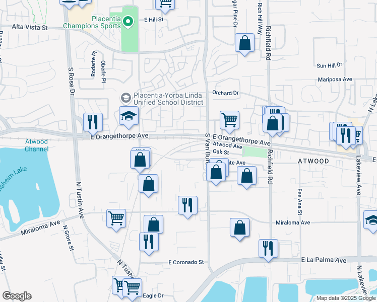 map of restaurants, bars, coffee shops, grocery stores, and more near 443 South Van Buren Street in Placentia