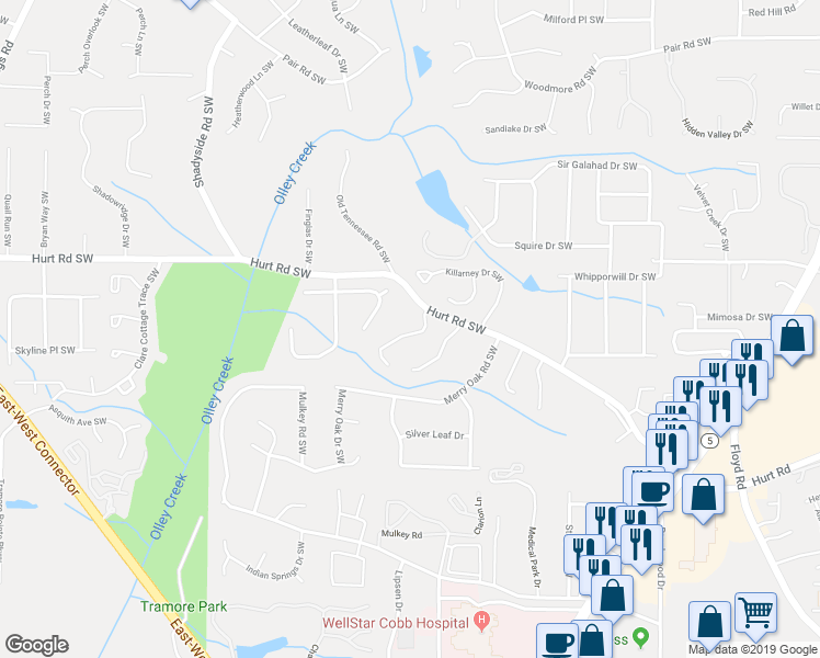 map of restaurants, bars, coffee shops, grocery stores, and more near 3607 Main Station Drive Southwest in Marietta