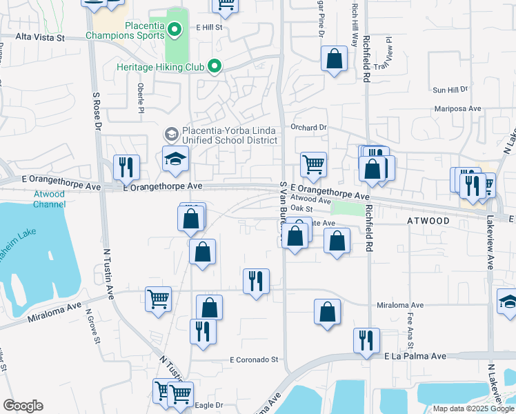 map of restaurants, bars, coffee shops, grocery stores, and more near 1553 Lima Way in Placentia