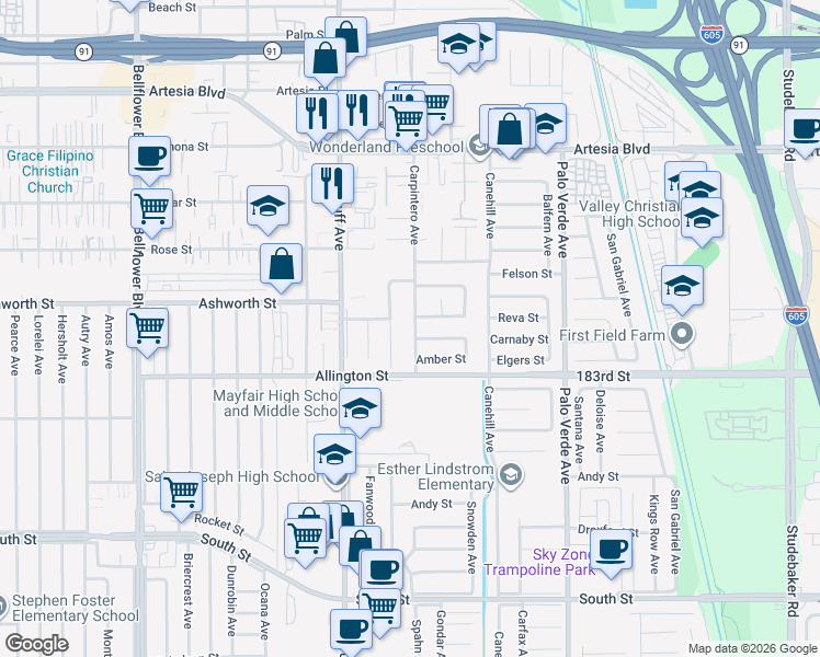 map of restaurants, bars, coffee shops, grocery stores, and more near 6151 Carpintero Avenue in Lakewood