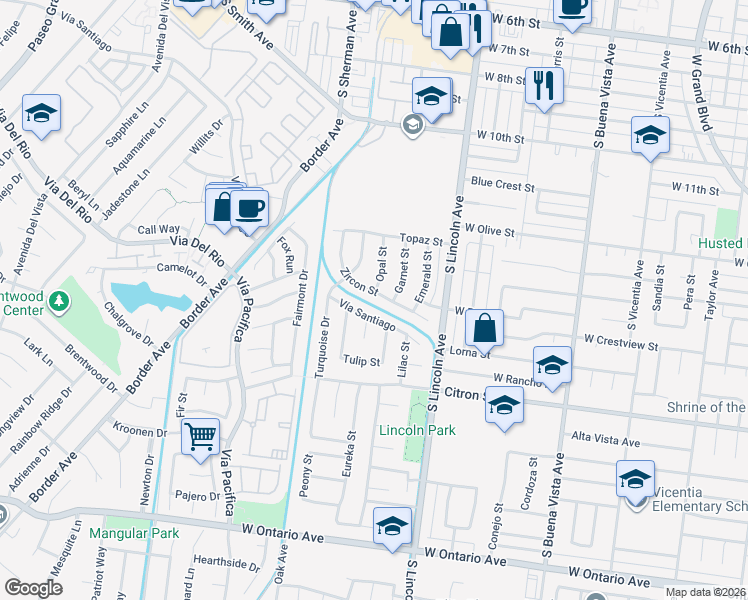 map of restaurants, bars, coffee shops, grocery stores, and more near 1142 Zircon Street in Corona