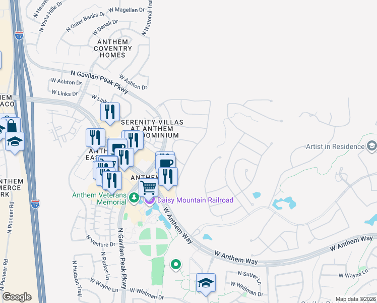 map of restaurants, bars, coffee shops, grocery stores, and more near 42130 North Celebration Way in New River