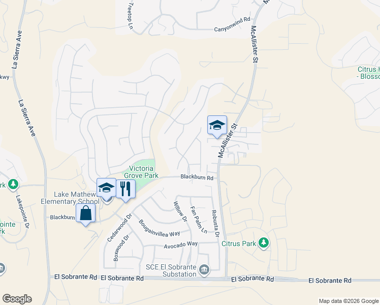map of restaurants, bars, coffee shops, grocery stores, and more near 17399 Heights Lane in Riverside