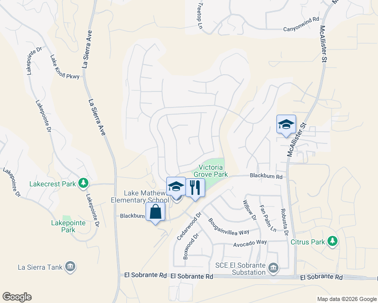 map of restaurants, bars, coffee shops, grocery stores, and more near 12396 Mesa Grove Drive in Riverside