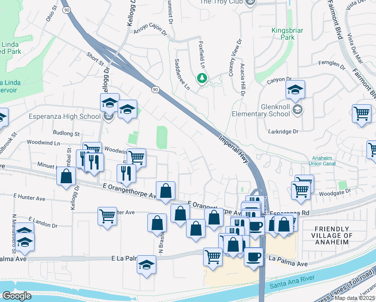 map of restaurants, bars, coffee shops, grocery stores, and more near 1780 North Cedar Glen Drive in Anaheim