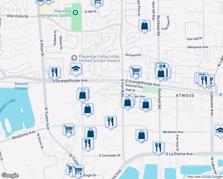 map of restaurants, bars, coffee shops, grocery stores, and more near 443 South Van Buren Street in Placentia