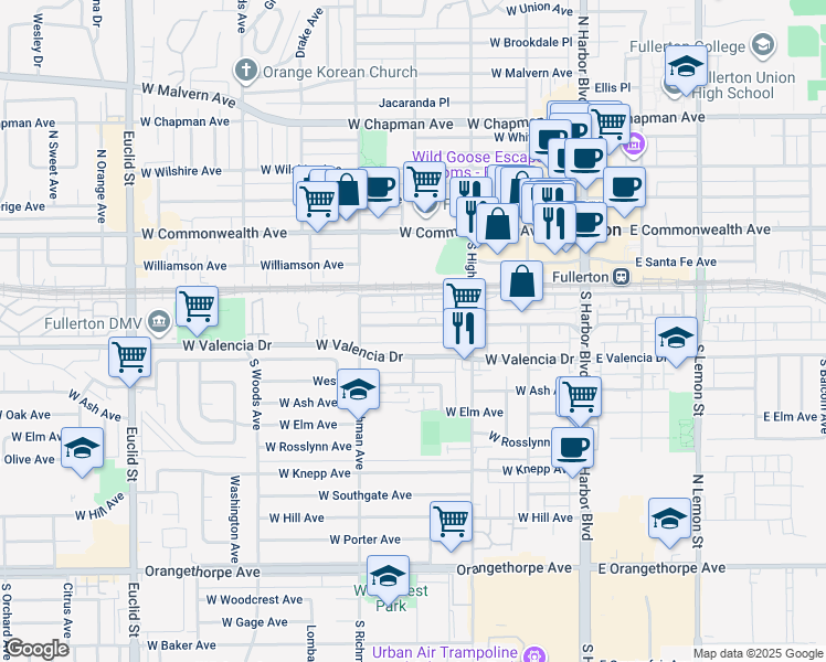 map of restaurants, bars, coffee shops, grocery stores, and more near 372 West Truslow Avenue in Fullerton