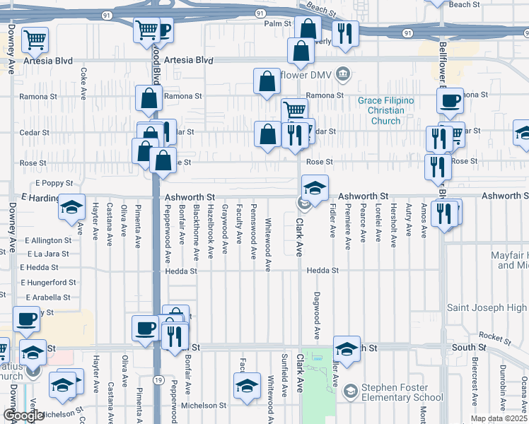map of restaurants, bars, coffee shops, grocery stores, and more near 6138 Whitewood Avenue in Lakewood
